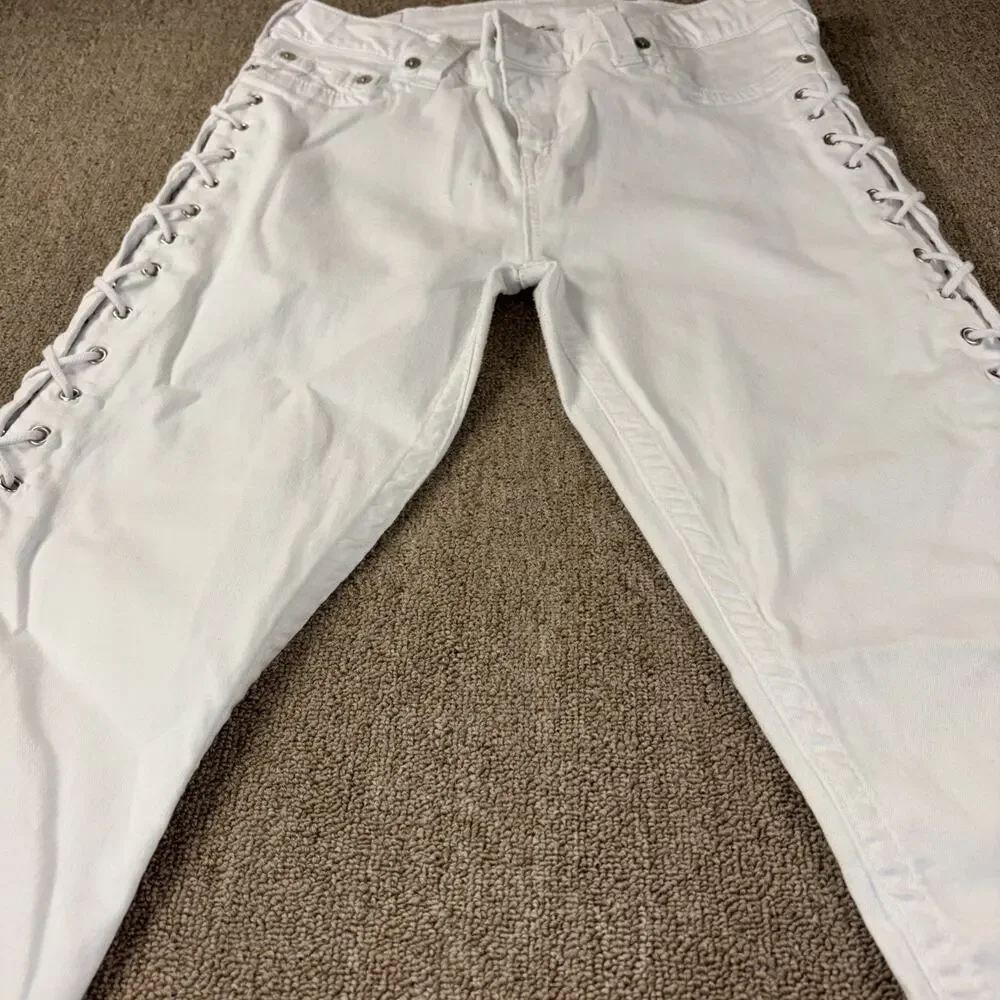 True Religion Lace Up Sides Jeans Men’s White Skinny Clean 34x26